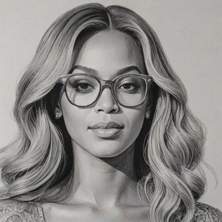 Dazzling Beyonce, pencil sketch, portrait of Beauteous woman 1965s in glasses, hair style beatnik, outline, clear lines, fine lines, 8k