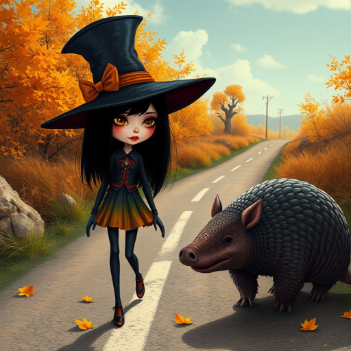 digital art fantasy depicting a strange girl with black hair, long eyelashes, orange lipstick and a tall hat walking along a winding road on an autumn afternoon, an armadillo smiles as he passes