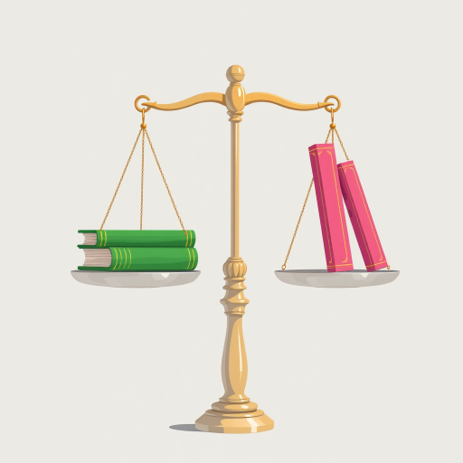create a detailed illustration of a balanced scale with a green book on one side and a pink book on the other, using a high-resolution digital art style, 50mm lens, f/8 aperture, ISO 100, soft natural lighting for clarity and balance.