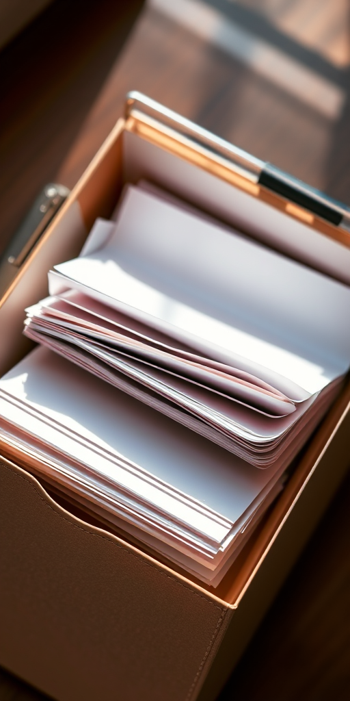 Create a high-resolution image of a stack of papers inside a folder, viewed from a top-down angle, with natural lighting, using a DSLR camera set at f/2.8, ISO 200, and a shutter speed of 1/250s.