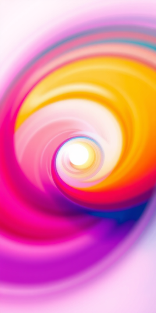 Create an abstract image featuring a vibrant swirl of colors in a smooth gradient, captured with a Canon EOS R5 camera, 24mm lens, f/2.8 aperture, ISO 100, with a low-angle view and soft-focus style for enhanced depth and clarity.