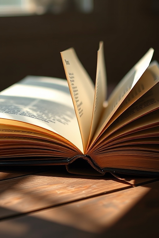 capture an open book with fanned pages on a wooden surface, soft natural light creating shadows, use a 50mm lens at f/2.8, ISO 100, 1/125s, in a shallow depth of field for a dreamy effect, focus on the texture of the pages