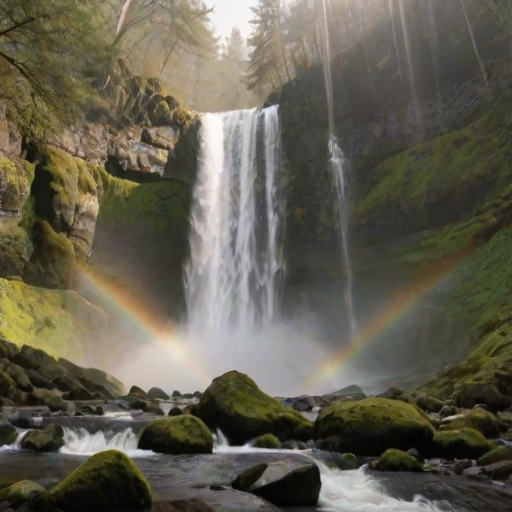 Sharp, high-resolution image of a waterfall cascading over moss-covered rocks, sunlight filtering through the trees above, soft mist rising from the base of the falls, a rainbow faintly visible in the spray, the sound of rushing water filling the air.