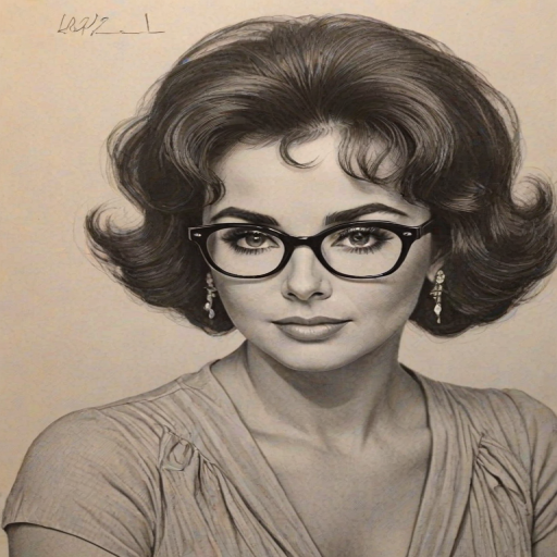 Alluring Elizabeth Taylor, pencil sketch, portrait of Splendid woman 1970s in glasses, hair style beatnik, outline, clear lines, fine lines, 8k