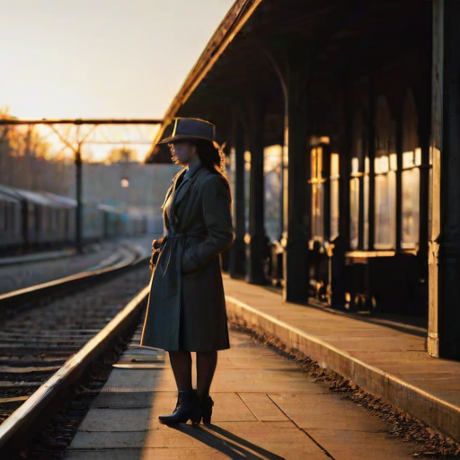 Old train station at dusk, with a vintage locomotive parked on the track, a woman in a trench coat waits on the platform, the setting sun casting long shadows behind her.