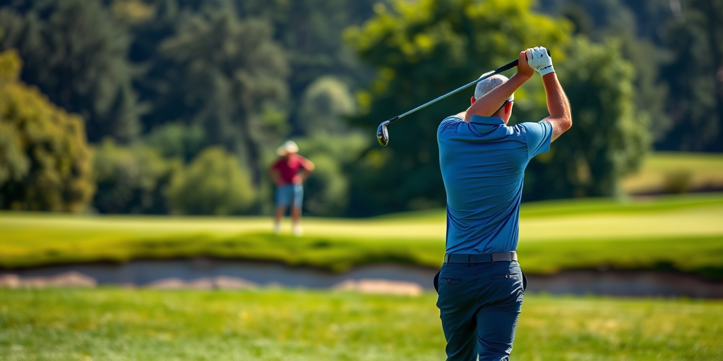 A golfer mid-swing on a lush green course with a blurred figure in the background, shot with a DSLR camera at 50mm, f/2.8, ISO 200, shutter speed 1/1000s, natural light, portrait orientation, high dynamic range.