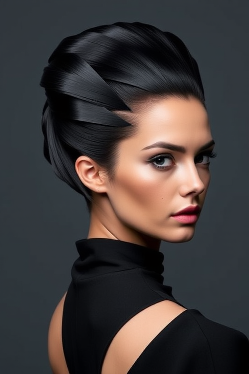 Sleek jet-black hair styled in a sculptural geometric updo, showcasing precise angles and smooth surfaces that reflect light in the avant-garde "Obsidian Origami" creation