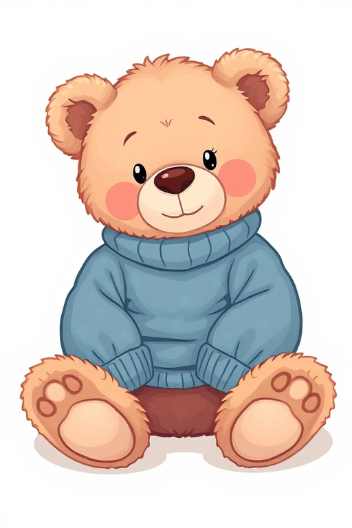 Create an illustration of a cute teddy bear sitting down, wearing a blue sweater, in a soft pastel color palette, using a digital art style with high resolution, camera settings at f/2.8, ISO 100, 1/60 sec, shot from a slightly elevated angle to give depth.