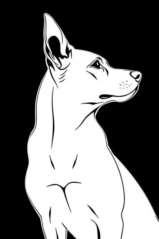 Regenerate a minimalist line drawing of a dog's profile against a black background, using a DSLR camera, 50mm lens, f/1.8 aperture, ISO 100, and a shallow depth of field for enhanced sharpness and detail.