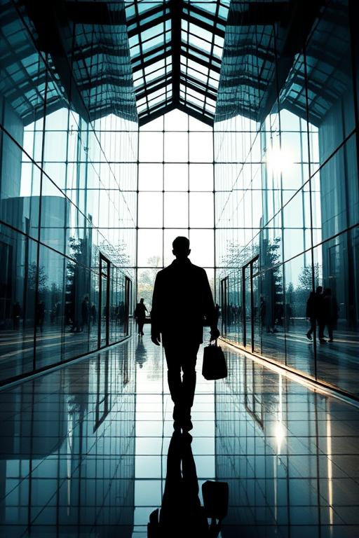photograph of a silhouette walking through glass architectural structures with reflections, natural light, shot with a DSLR camera at f/8 aperture, ISO 100, 24mm focal length, capturing detailed textures and contrasts, taken from an eye-level view to emphasize depth and modern design