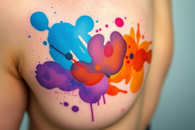 Vibrant watercolor splash tattoo named "Chromatic Symphony" featuring bright hues of blue, purple, and orange blending seamlessly across the skin creating an abstract masterpiece with delicate splatters and smooth gradients