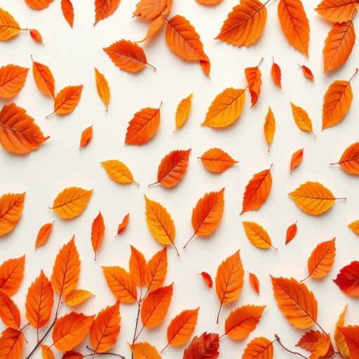 Create a seamless pattern of orange and brown leaves on a white background, captured with a Canon EOS R5, ISO 100, f/4, 50mm lens, top-down view, using a soft lighting setup to enhance color vibrancy and clarity.
