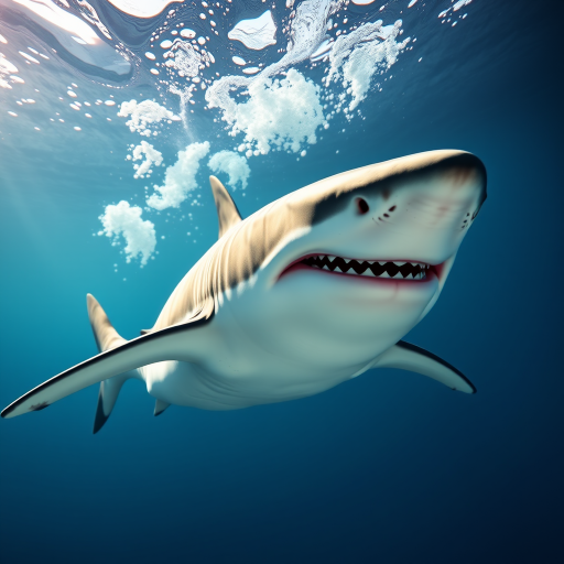 Generate a hyper-realistic 3D rendering of a great white shark swimming from a low-angle perspective with a wide aperture of f/2.8, ISO 100, shutter speed of 1/250s, using a digital DSLR camera to capture vibrant colors and detailed textures.