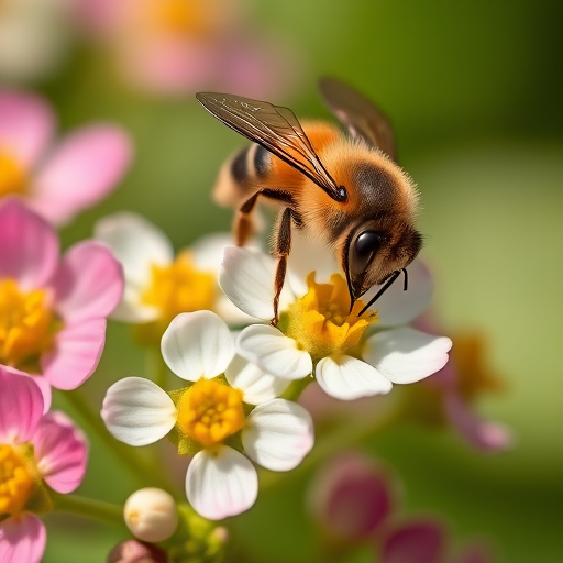 macro photograph of a bee on white and pink flowers with shallow depth of field, natural light, f/2.8 aperture, 1/200 second shutter speed, ISO 100, using a DSLR camera with a 100mm macro lens