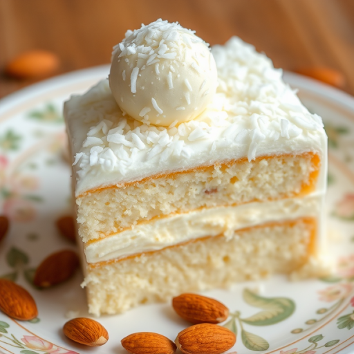 A delicious slice of white cake with layers of creamy filling topped with shredded coconut and a round coconut truffle on top served on a decorative plate with almonds scattered around.