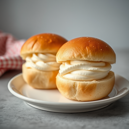Create a hyper-realistic image of two fluffy cream-filled buns on a white plate, captured with a Canon EOS R5 camera, 50mm lens, f/1.8 aperture, ISO 200, natural lighting, and a soft-focus background.