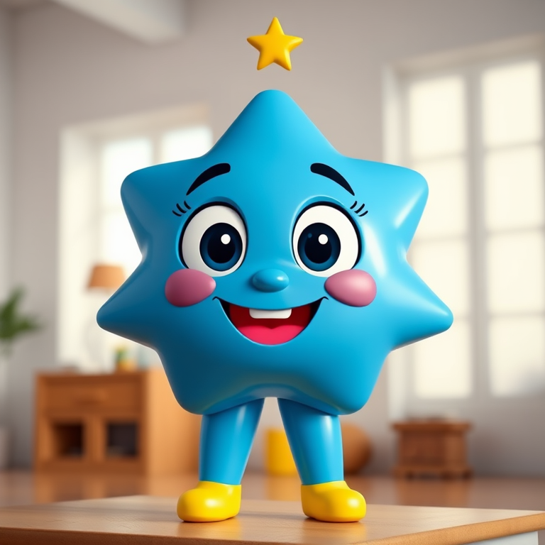 Create a bright, cartoon-style blue star character with large expressive eyes and a cheerful smile, using a Canon EOS R5 camera with a 50mm lens, aperture set to f/2.8, ISO 100, in a well-lit environment, with a clean, simple background for enhanced focus on the character.