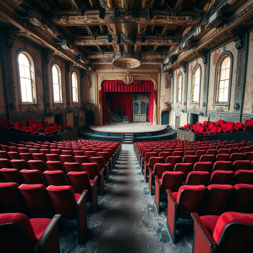 Interior of an abandoned theater with worn red seats facing a dilapidated stage, soft natural lighting, taken with a full-frame DSLR camera, 24mm lens, aperture f/8 for depth of field, ISO 200, shutter speed 1/60s, wide angle view to capture the extensive decay and intricate details in the architecture.