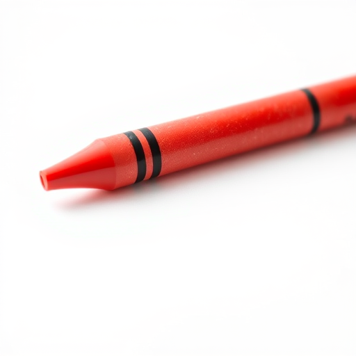 a vibrant red crayon lying diagonally on a plain white background, taken with a DSLR camera at f/2.8 aperture, ISO 100, 50mm lens, with soft natural lighting and a shallow depth of field for enhanced focus on the crayon