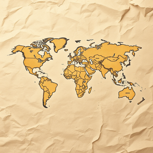 Create a detailed world map with a textured, crumpled paper background, using a high-resolution setting, 50mm lens, f/8 aperture, ISO 100, and a top-down perspective for optimal clarity and depth.