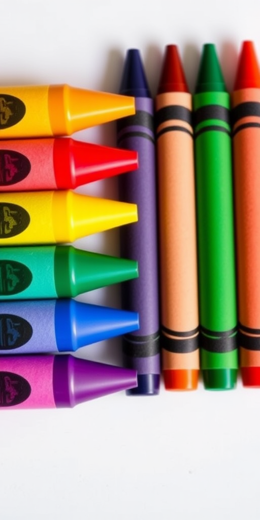 Create a high-resolution image of six colorful crayons arranged in a row, using a DSLR camera with a 50mm lens, f/2.8 aperture, ISO 100, and natural lighting to enhance vibrancy and clarity.