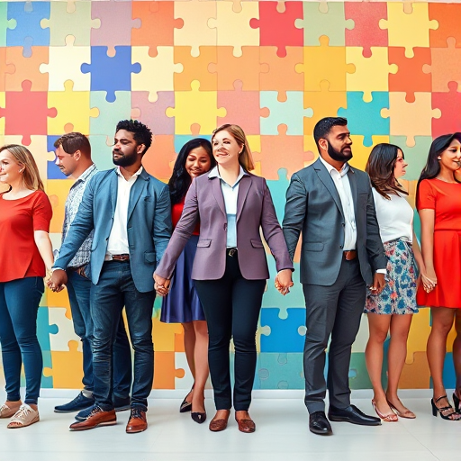 Create an image of diverse people holding hands in a line with a colorful puzzle background, using a Canon EOS R5, ISO 100, f/5.6, 1/200 sec, wide-angle view, in a vibrant and modern style.