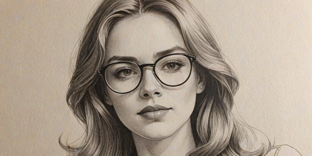 Magnificent Hannah Brown, pencil sketch, portrait of Radiant woman 1975s in glasses, hair style beatnik, outline, clear lines, fine lines, 8k