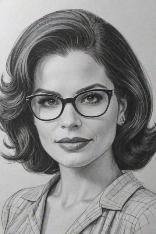 Magnificent Lana Parrilla, pencil sketch, portrait of Pleasing woman 1955s in glasses, hair style beatnik, outline, clear lines, fine lines, 8k