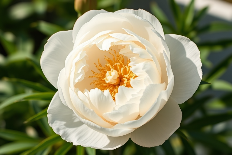 Regenerate an image of a white peony with intricate details on the petals and center, lush green leaves, soft natural lighting, taken with a Canon EOS R5 at f/2.8, 50mm lens, ISO 100, with a shallow depth of field for a classic botanical illustration style.
