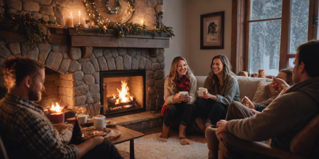 Cozy winter scene, with a group of friends gathered around a fireplace, hot cocoa in hand, sharing stories and laughter as snow falls softly outside.