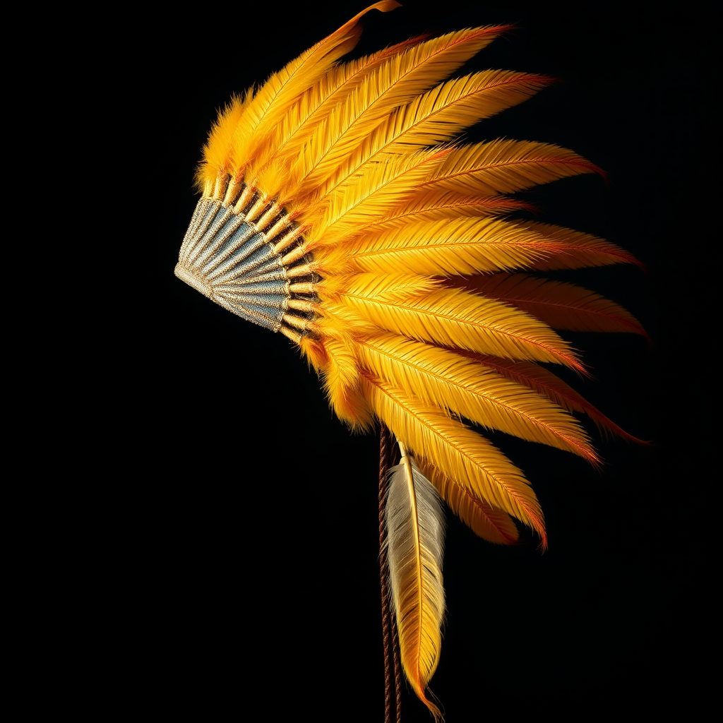 Create a high-resolution image of a golden Native American headdress with intricate feather details, using a DSLR camera at f/2.8 aperture, 50mm lens, and soft studio lighting for enhanced clarity and contrast.