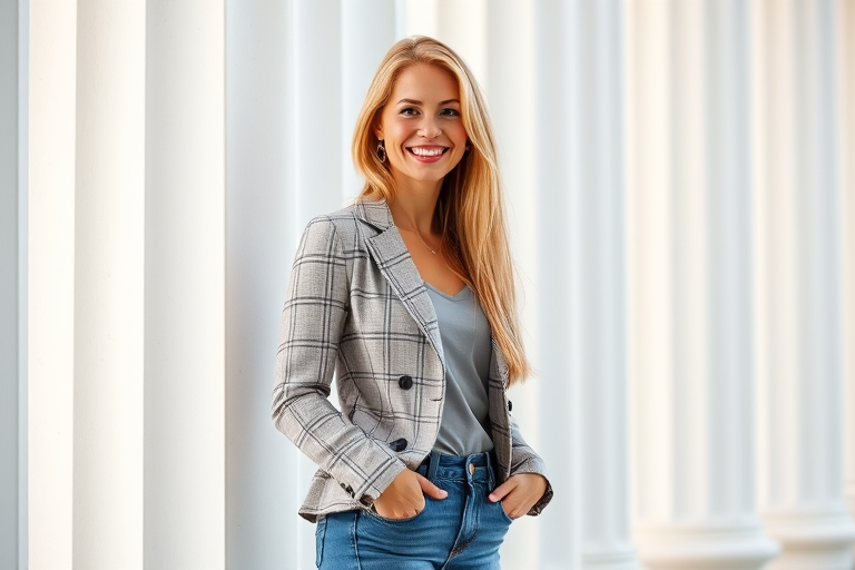 portrait of a smiling woman with long blonde hair, wearing a checkered blazer and jeans, standing against a white column background, soft natural lighting, shot on a DSLR camera with a 50mm lens, aperture f/1.8, ISO 100, shutter speed 1/200 sec, side profile view, focus on subject with shallow depth of field for a blurred background