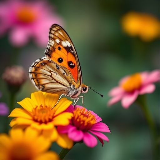 capture a close-up of a butterfly resting on colorful flowers with a shallow depth of field, use a 50mm lens, aperture f/2.8, ISO 100, 1/200 sec exposure, natural light, macro photography style