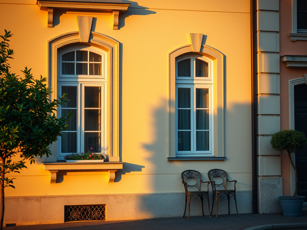 Regenerate a picturesque exterior view of a building featuring elegant architectural details with two windows and a small balcony adorned with chairs, captured in natural lighting at golden hour using a DSLR camera with a 50mm lens, aperture set at f/1.8 for a shallow depth of field, ISO 200 for clarity, and a shutter speed of 1/250 seconds for sharpness.