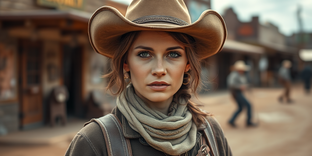 generate a highly detailed portrait of a female cowboy in a western town with dusty streets, captured with a DSLR camera at f/1.8 aperture, ISO 100, 50mm lens, natural lighting, shot from eye level for a sharp focus on the subject and a blurred background to emphasize her rugged attire and accessories.