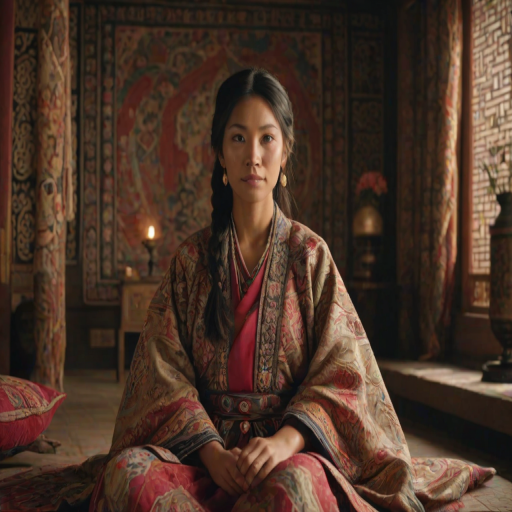 A beautiful Quechua woman in traditional East Asian attire, intricately detailed with embroidered patterns, sitting gracefully in a richly decorated room, soft ambient lighting, serene and elegant, ultra-realistic, 8K resolution
