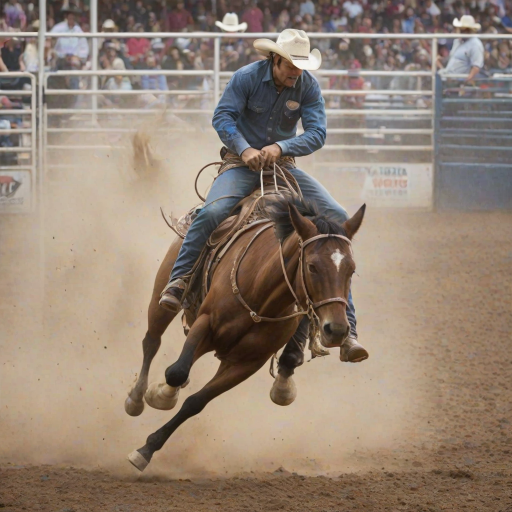 Blurry action photo of a rodeo rider gripping tightly onto a bucking bronco, soft dust rising from the dirt arena, with distant spectators in cowboy hats barely visible through the haze.