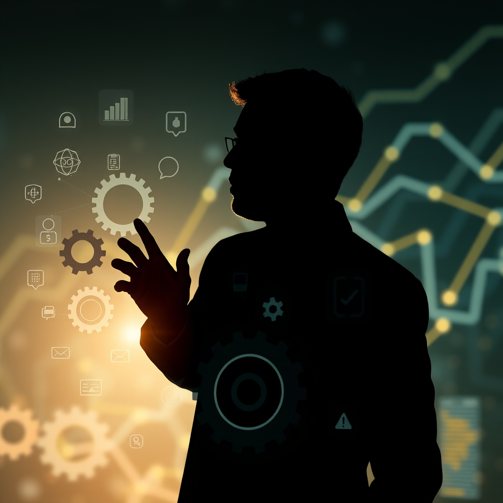 Silhouette of a business person interacting with digital gears and icons representing technology and finance, backlit by a glowing light with a dynamic, futuristic background, captured with a Canon EOS R5, f/2.8 aperture, 1/125 shutter speed, ISO 100, wide-angle lens, in a low-key style.