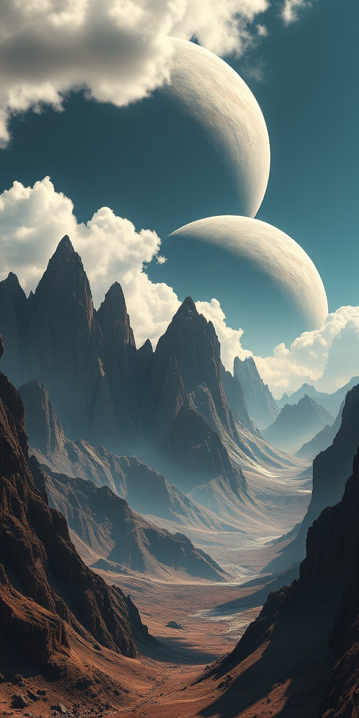 highly detailed sci-fi landscape with towering mountains and a large planet in the sky, dynamic lighting with dramatic shadows, ultra-wide angle view, f/11 aperture, ISO 100, 1/125 seconds, landscape photography style, shot on a DSLR camera
