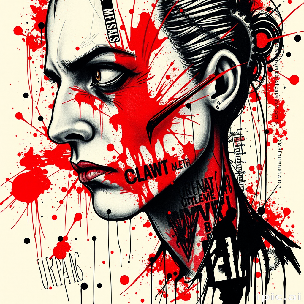 Avant-garde trash polka tattoo called "Urban Chaos" combining realistic portraits with abstract splashes of red and black ink, incorporating text elements and graphic design motifs