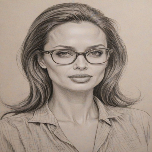 Fetching Angelina Jolie, pencil sketch, portrait of Dazzling woman 1960s in glasses, hair style beatnik, outline, clear lines, fine lines, 8k