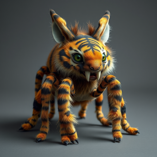 This charming yet frightening Spider Tiger features six legs, a hairy, furry body, and a cat-like tiger physique combined with an insectoid tiger head and tiger legs. The furry head further adds to the creature's unique appearance, creating a captivating blend of cuteness and fear that makes this six-legged, furry, insect-inspired tiger both adorable and scary.