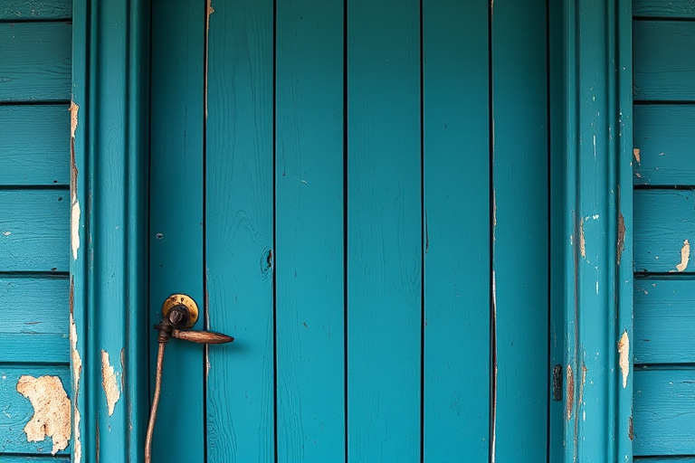Create a high-resolution image of a weathered teal wooden door with peeling paint and visible grain, captured with a Canon EOS R5 at f/2.8, ISO 100, with a focal length of 50mm in natural lighting, viewed straight on with a slight vignette effect for depth.