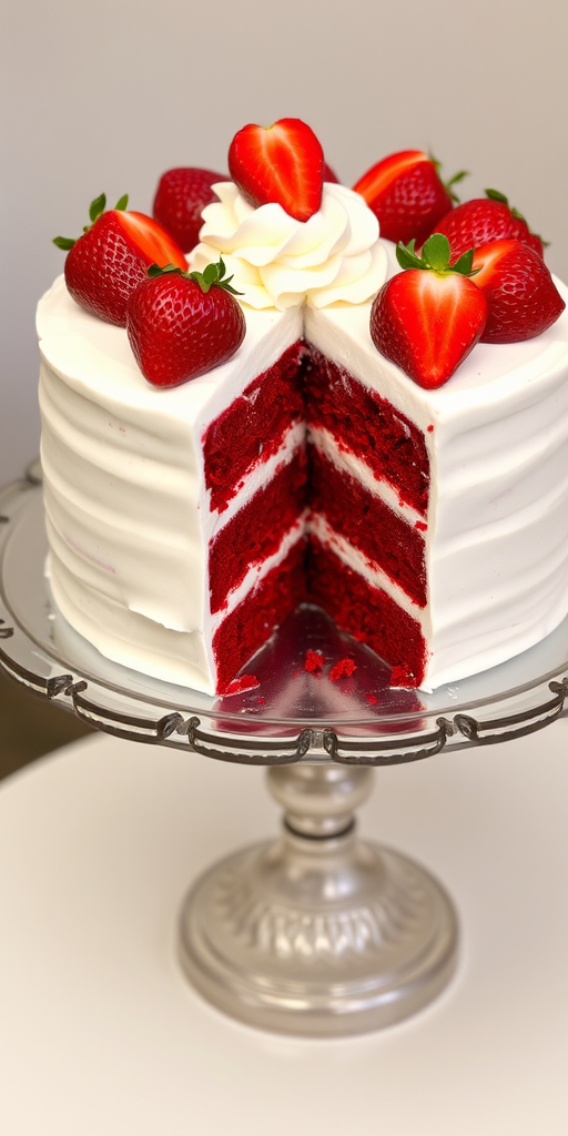 A beautifully decorated cake with layers of red velvet and white cream filling, topped with fresh strawberries and a swirl of whipped cream, displayed on an elegant cake stand with a slice removed showcasing the layers inside.