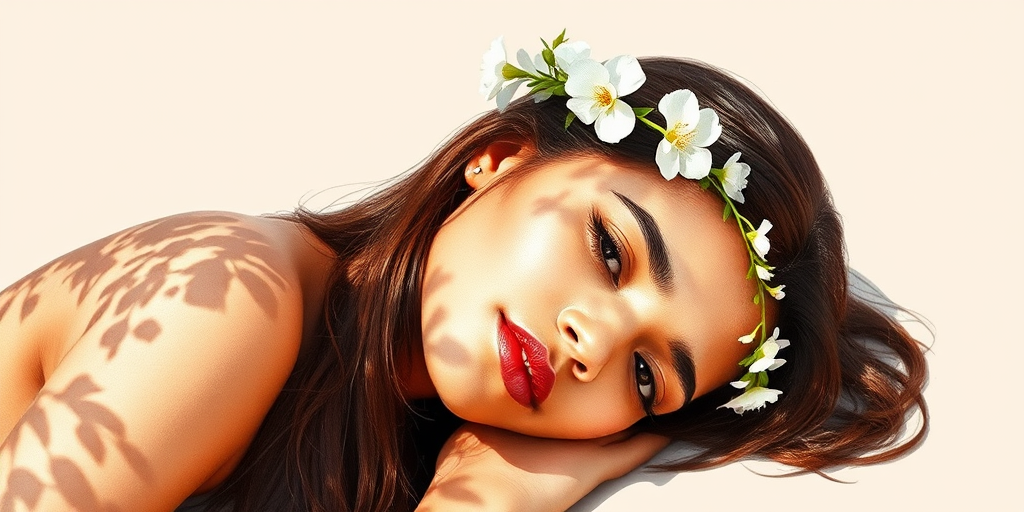 create a watercolor painting of an ethereal portrait of beautiful Guarani woman with a simple white flower crown on her head. Her hair is long and she is lying on the ground. The sunlight on the trees casts shadows from the leaves on her face and body. The background is a neutral brown color that matches her skin tone. The image is minimalist and solid colors. This style is characterized by soft, delicate brushstrokes and a light, airy, contrasting color palette. High level of detail and play of light