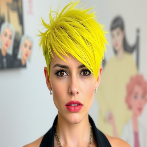Daring neon yellow-haired rebel with an edgy, asymmetrical pixie cut featuring shaved sides and spiky texture