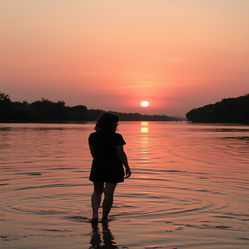 Sunset over a quiet river, the sky ablaze with hues of orange and pink, a woman stands at the water's edge, her reflection rippling in the current as she watches the last rays of light fade away.
