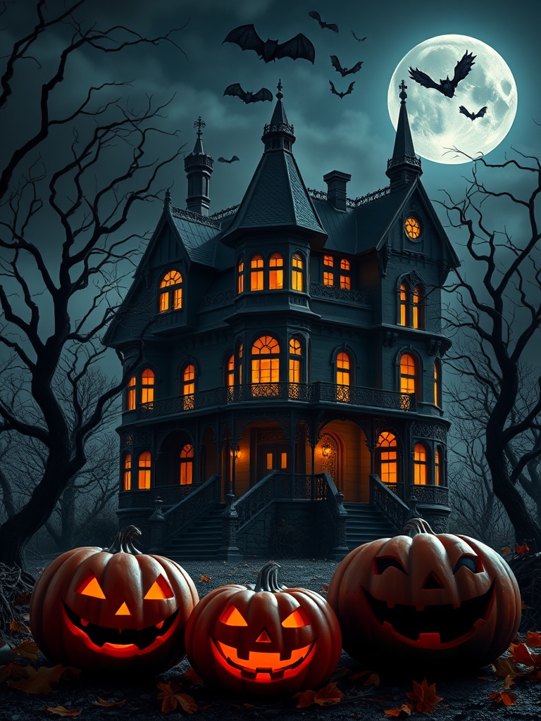 Create a spooky Halloween scene featuring a dark, gothic mansion with intricate architecture illuminated by glowing orange lights. Surround the mansion with twisted trees, a full moon in the background, and bats flying in the night sky. Add carved pumpkins with eerie expressions in the foreground and autumn leaves scattered around to enhance the atmosphere.