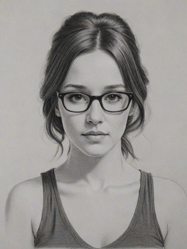 Elegant Shannon Woodward, pencil sketch, portrait of Superb woman 1965s in glasses, hair style beatnik, outline, clear lines, fine lines, 8k