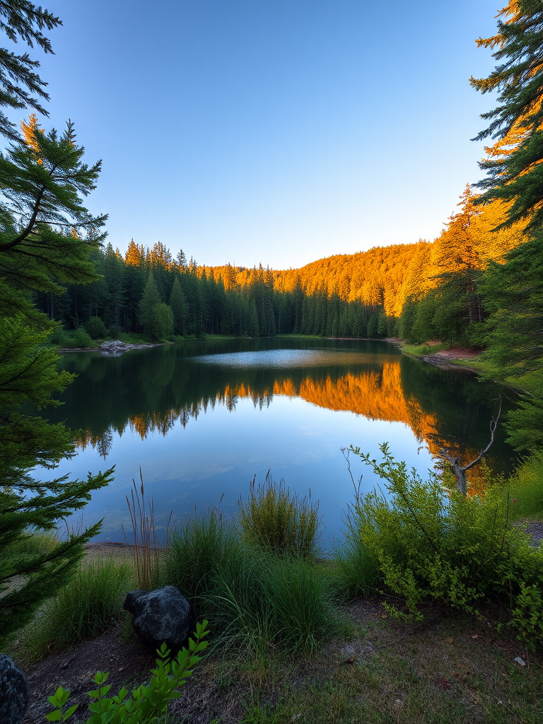 Generate a high-resolution image of a serene landscape featuring a tranquil lake surrounded by lush trees during golden hour, taken with a DSLR camera at f/8 aperture, ISO 100, with a 24mm lens, capturing a wide-angle view for depth and detail.